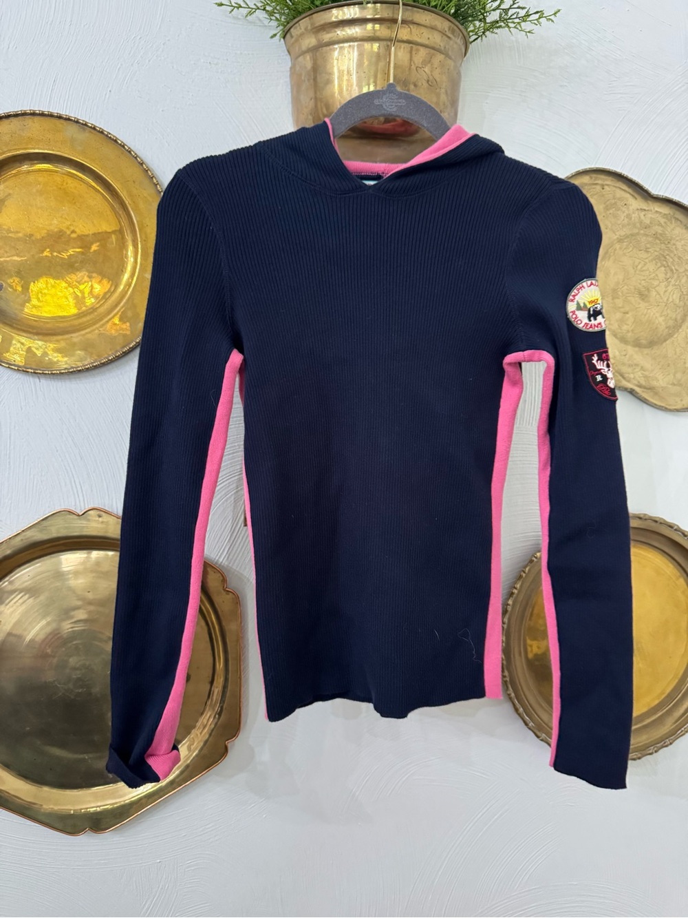 Polo by Ralph Lauren Navy Hooded Rib-Knit Pullover with Pink Trim - Picture 3 of 5